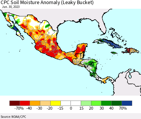Mexico Central America and the Caribbean CPC Soil Moisture Anomaly (Leaky Bucket) Thematic Map For 6/26/2023 - 6/30/2023