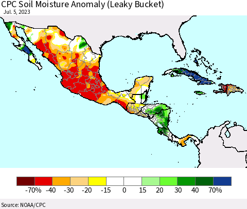 Mexico Central America and the Caribbean CPC Soil Moisture Anomaly (Leaky Bucket) Thematic Map For 7/1/2023 - 7/5/2023