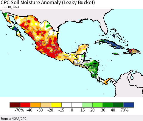 Mexico Central America and the Caribbean CPC Soil Moisture Anomaly (Leaky Bucket) Thematic Map For 7/6/2023 - 7/10/2023