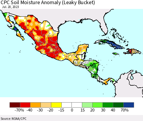 Mexico Central America and the Caribbean CPC Soil Moisture Anomaly (Leaky Bucket) Thematic Map For 7/16/2023 - 7/20/2023