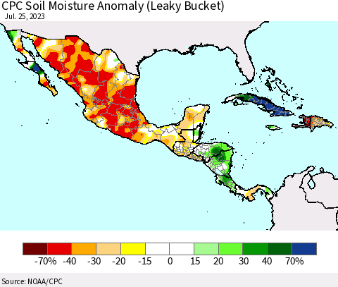 Mexico Central America and the Caribbean CPC Soil Moisture Anomaly (Leaky Bucket) Thematic Map For 7/21/2023 - 7/25/2023