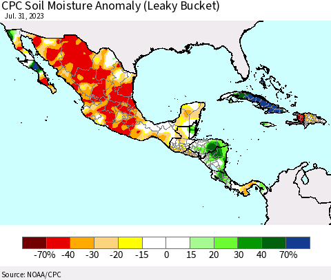 Mexico Central America and the Caribbean CPC Soil Moisture Anomaly (Leaky Bucket) Thematic Map For 7/26/2023 - 7/31/2023