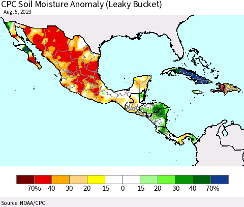 Mexico Central America and the Caribbean CPC Soil Moisture Anomaly (Leaky Bucket) Thematic Map For 8/1/2023 - 8/5/2023