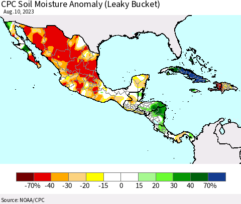 Mexico Central America and the Caribbean CPC Soil Moisture Anomaly (Leaky Bucket) Thematic Map For 8/6/2023 - 8/10/2023