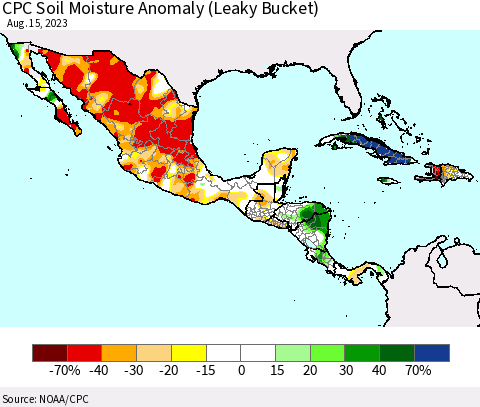 Mexico Central America and the Caribbean CPC Soil Moisture Anomaly (Leaky Bucket) Thematic Map For 8/11/2023 - 8/15/2023