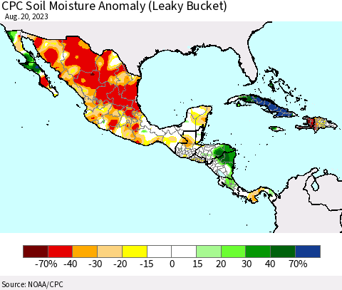 Mexico Central America and the Caribbean CPC Soil Moisture Anomaly (Leaky Bucket) Thematic Map For 8/16/2023 - 8/20/2023