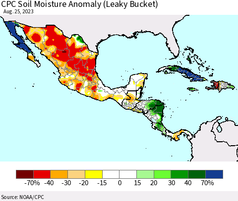 Mexico Central America and the Caribbean CPC Soil Moisture Anomaly (Leaky Bucket) Thematic Map For 8/21/2023 - 8/25/2023