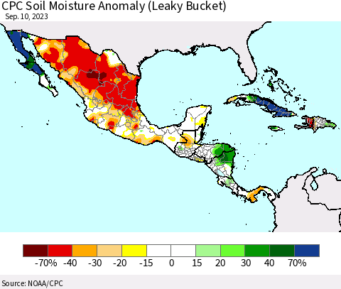 Mexico Central America and the Caribbean CPC Soil Moisture Anomaly (Leaky Bucket) Thematic Map For 9/6/2023 - 9/10/2023