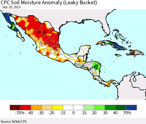 Mexico Central America and the Caribbean CPC Soil Moisture Anomaly (Leaky Bucket) Thematic Map For 9/16/2023 - 9/20/2023