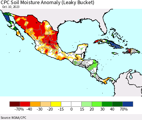 Mexico Central America and the Caribbean CPC Soil Moisture Anomaly (Leaky Bucket) Thematic Map For 10/6/2023 - 10/10/2023