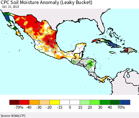 Mexico Central America and the Caribbean CPC Soil Moisture Anomaly (Leaky Bucket) Thematic Map For 10/11/2023 - 10/15/2023