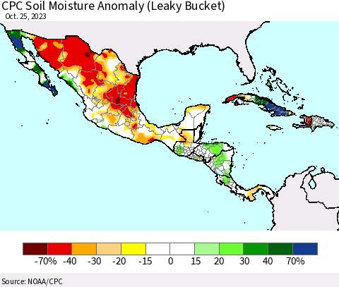 Mexico Central America and the Caribbean CPC Soil Moisture Anomaly (Leaky Bucket) Thematic Map For 10/21/2023 - 10/25/2023