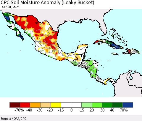 Mexico Central America and the Caribbean CPC Soil Moisture Anomaly (Leaky Bucket) Thematic Map For 10/26/2023 - 10/31/2023