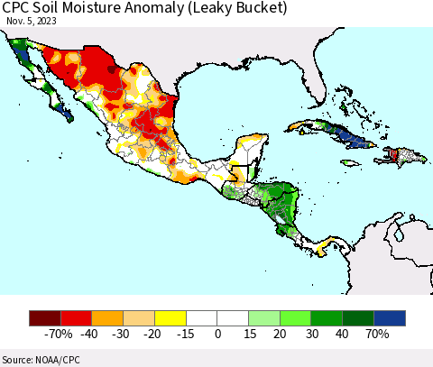 Mexico Central America and the Caribbean CPC Soil Moisture Anomaly (Leaky Bucket) Thematic Map For 11/1/2023 - 11/5/2023