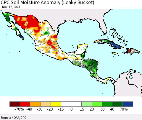 Mexico Central America and the Caribbean CPC Soil Moisture Anomaly (Leaky Bucket) Thematic Map For 11/11/2023 - 11/15/2023