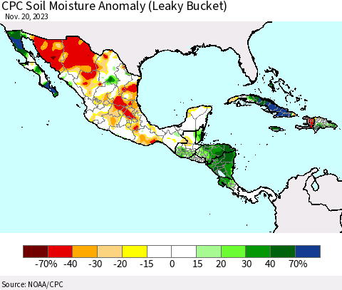 Mexico Central America and the Caribbean CPC Soil Moisture Anomaly (Leaky Bucket) Thematic Map For 11/16/2023 - 11/20/2023