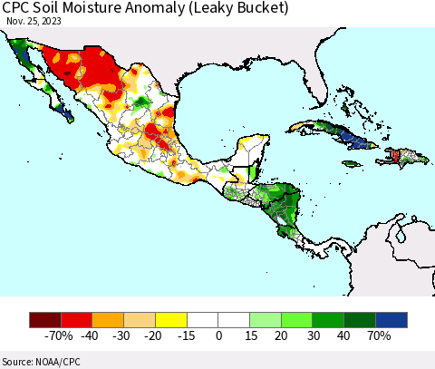 Mexico Central America and the Caribbean CPC Soil Moisture Anomaly (Leaky Bucket) Thematic Map For 11/21/2023 - 11/25/2023