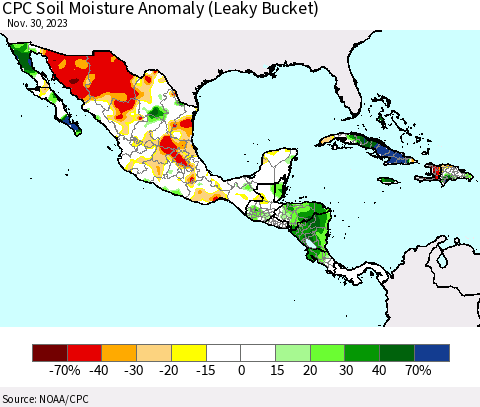 Mexico Central America and the Caribbean CPC Soil Moisture Anomaly (Leaky Bucket) Thematic Map For 11/26/2023 - 11/30/2023