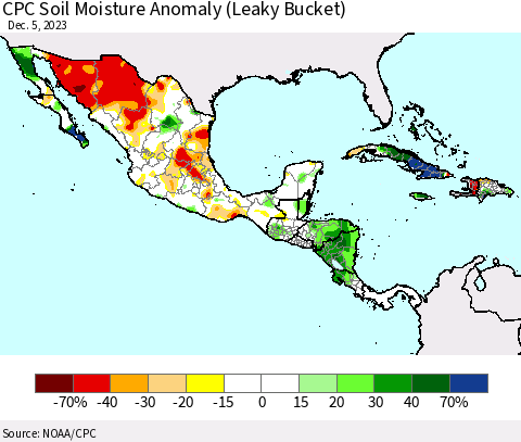 Mexico Central America and the Caribbean CPC Soil Moisture Anomaly (Leaky Bucket) Thematic Map For 12/1/2023 - 12/5/2023