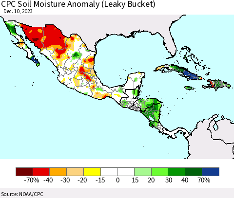 Mexico Central America and the Caribbean CPC Soil Moisture Anomaly (Leaky Bucket) Thematic Map For 12/6/2023 - 12/10/2023