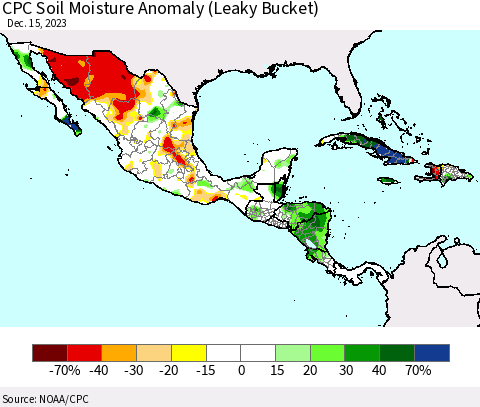 Mexico Central America and the Caribbean CPC Soil Moisture Anomaly (Leaky Bucket) Thematic Map For 12/11/2023 - 12/15/2023