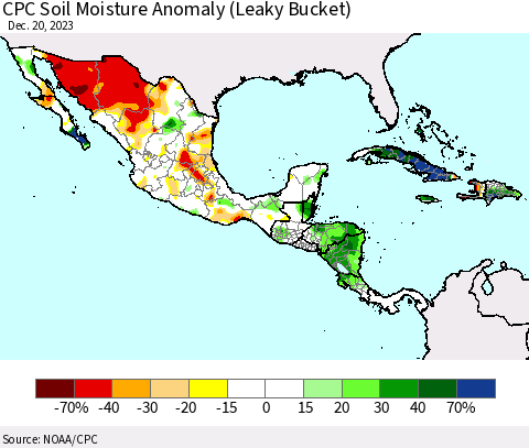 Mexico Central America and the Caribbean CPC Soil Moisture Anomaly (Leaky Bucket) Thematic Map For 12/16/2023 - 12/20/2023