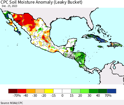Mexico Central America and the Caribbean CPC Soil Moisture Anomaly (Leaky Bucket) Thematic Map For 12/21/2023 - 12/25/2023