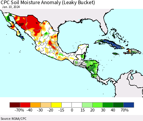 Mexico Central America and the Caribbean CPC Soil Moisture Anomaly (Leaky Bucket) Thematic Map For 1/6/2024 - 1/10/2024
