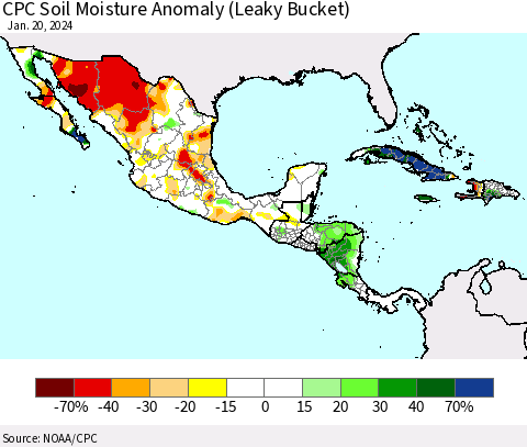 Mexico Central America and the Caribbean CPC Soil Moisture Anomaly (Leaky Bucket) Thematic Map For 1/16/2024 - 1/20/2024