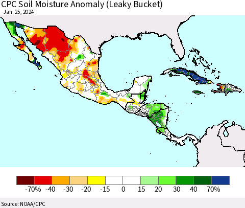 Mexico Central America and the Caribbean CPC Soil Moisture Anomaly (Leaky Bucket) Thematic Map For 1/21/2024 - 1/25/2024