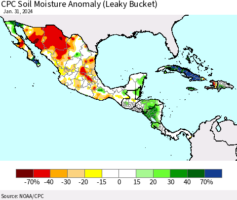 Mexico Central America and the Caribbean CPC Soil Moisture Anomaly (Leaky Bucket) Thematic Map For 1/26/2024 - 1/31/2024