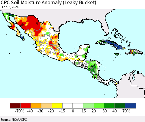 Mexico Central America and the Caribbean CPC Soil Moisture Anomaly (Leaky Bucket) Thematic Map For 2/1/2024 - 2/5/2024