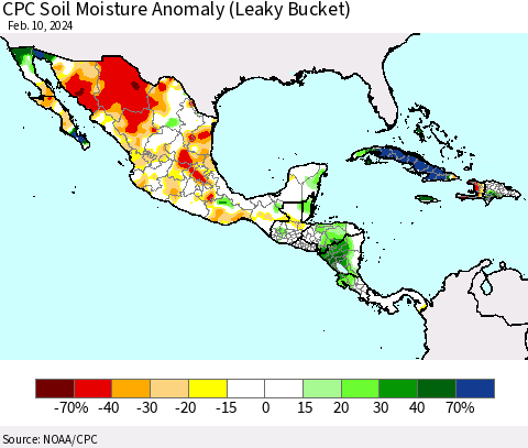 Mexico Central America and the Caribbean CPC Soil Moisture Anomaly (Leaky Bucket) Thematic Map For 2/6/2024 - 2/10/2024