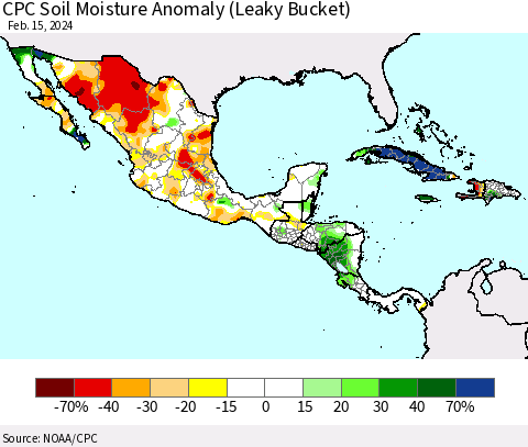 Mexico Central America and the Caribbean CPC Soil Moisture Anomaly (Leaky Bucket) Thematic Map For 2/11/2024 - 2/15/2024