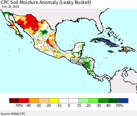 Mexico Central America and the Caribbean CPC Soil Moisture Anomaly (Leaky Bucket) Thematic Map For 2/16/2024 - 2/20/2024