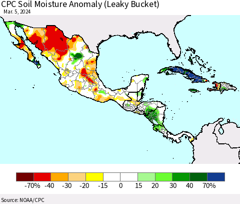 Mexico Central America and the Caribbean CPC Soil Moisture Anomaly (Leaky Bucket) Thematic Map For 3/1/2024 - 3/5/2024