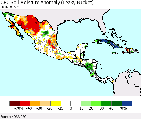 Mexico Central America and the Caribbean CPC Soil Moisture Anomaly (Leaky Bucket) Thematic Map For 3/6/2024 - 3/10/2024