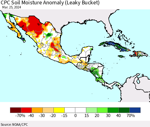 Mexico Central America and the Caribbean CPC Soil Moisture Anomaly (Leaky Bucket) Thematic Map For 3/21/2024 - 3/25/2024