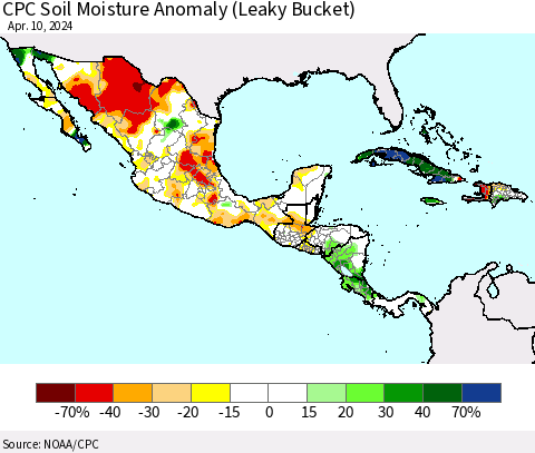 Mexico Central America and the Caribbean CPC Soil Moisture Anomaly (Leaky Bucket) Thematic Map For 4/6/2024 - 4/10/2024