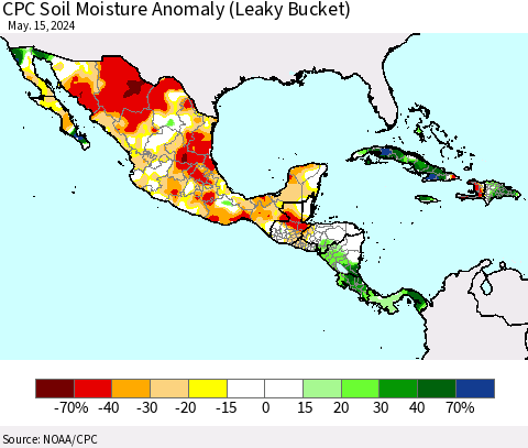 Mexico Central America and the Caribbean CPC Soil Moisture Anomaly (Leaky Bucket) Thematic Map For 5/11/2024 - 5/15/2024