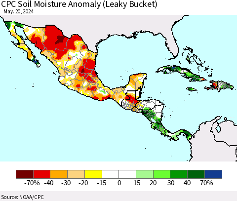 Mexico Central America and the Caribbean CPC Soil Moisture Anomaly (Leaky Bucket) Thematic Map For 5/16/2024 - 5/20/2024