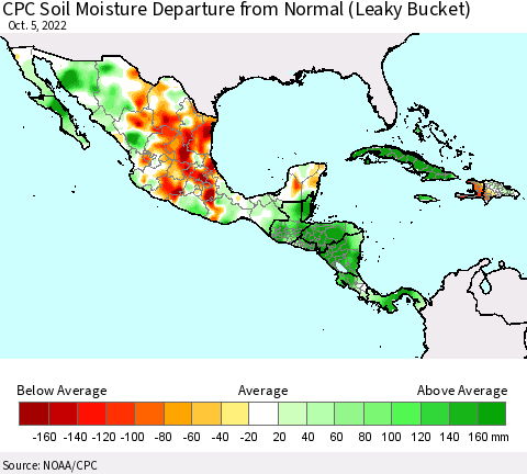Mexico Central America and the Caribbean CPC Soil Moisture Departure from Normal (Leaky Bucket) Thematic Map For 10/1/2022 - 10/5/2022