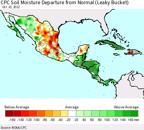 Mexico Central America and the Caribbean CPC Soil Moisture Departure from Normal (Leaky Bucket) Thematic Map For 10/6/2022 - 10/10/2022