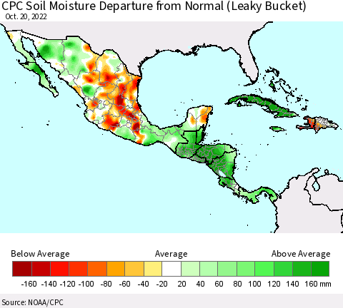 Mexico Central America and the Caribbean CPC Soil Moisture Departure from Normal (Leaky Bucket) Thematic Map For 10/16/2022 - 10/20/2022