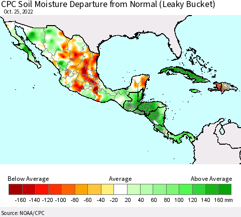 Mexico Central America and the Caribbean CPC Soil Moisture Departure from Normal (Leaky Bucket) Thematic Map For 10/21/2022 - 10/25/2022