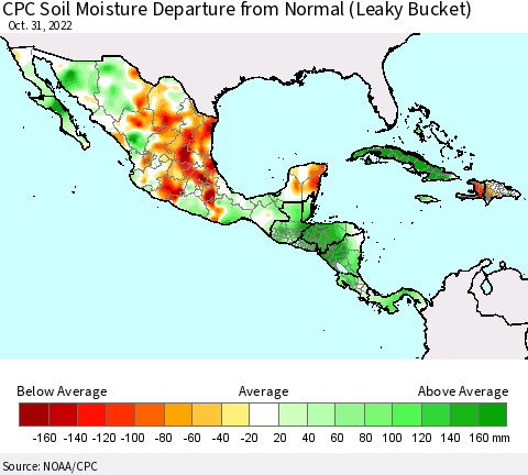 Mexico Central America and the Caribbean CPC Soil Moisture Departure from Normal (Leaky Bucket) Thematic Map For 10/26/2022 - 10/31/2022