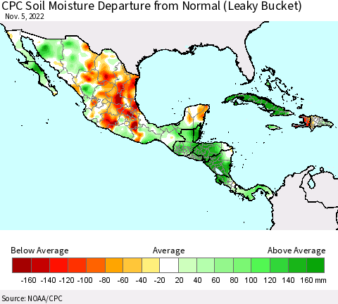 Mexico Central America and the Caribbean CPC Soil Moisture Departure from Normal (Leaky Bucket) Thematic Map For 11/1/2022 - 11/5/2022