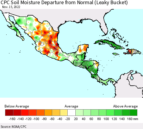 Mexico Central America and the Caribbean CPC Soil Moisture Departure from Normal (Leaky Bucket) Thematic Map For 11/11/2022 - 11/15/2022