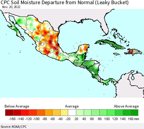 Mexico Central America and the Caribbean CPC Soil Moisture Departure from Normal (Leaky Bucket) Thematic Map For 11/16/2022 - 11/20/2022