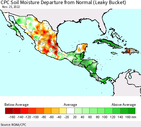 Mexico Central America and the Caribbean CPC Soil Moisture Departure from Normal (Leaky Bucket) Thematic Map For 11/21/2022 - 11/25/2022